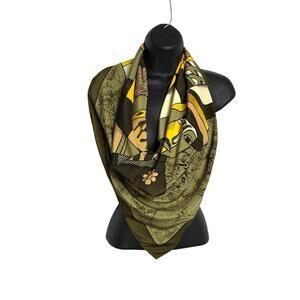 Picasso Abstract Water Silk Scarf 34" Square Khaki Gold Art to Wear Hand Rolled